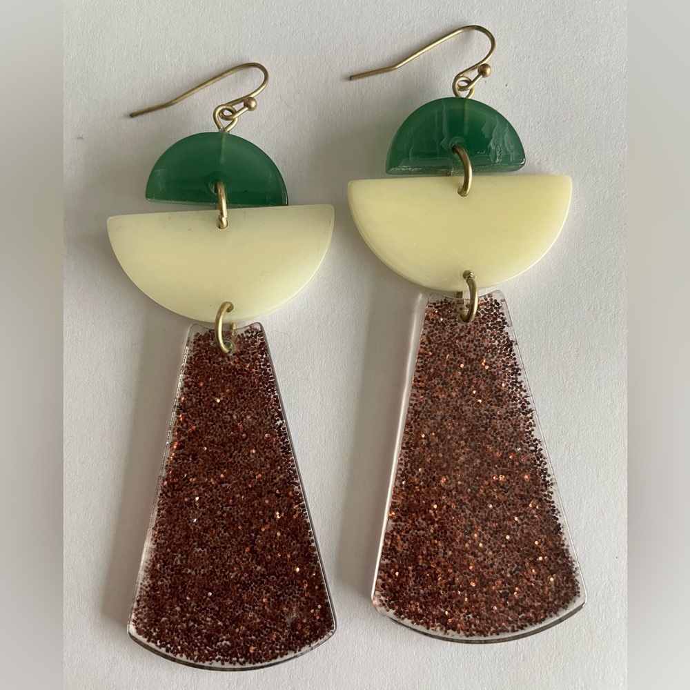 Anthropologie statement drop earrings in green white and pink glitter acrylic